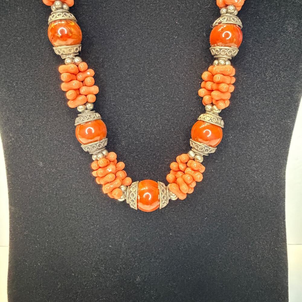 Vintage Tribal Faux Coral & Carnelian Statement Necklace | Boho Ethnic Beaded - Picture 4 of 14